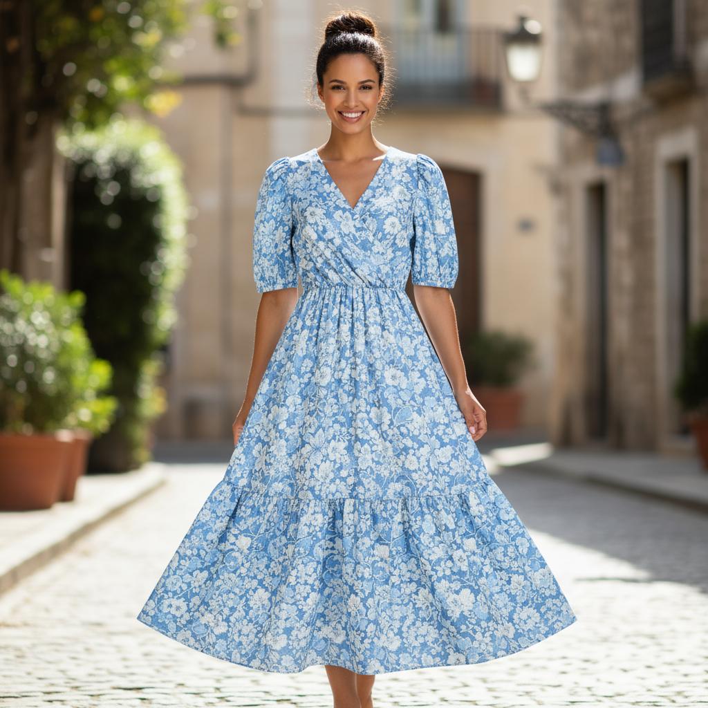 Finished e-commerce shot — the dress on the model, full body, lighting and shadows matched to the outdoor scene.