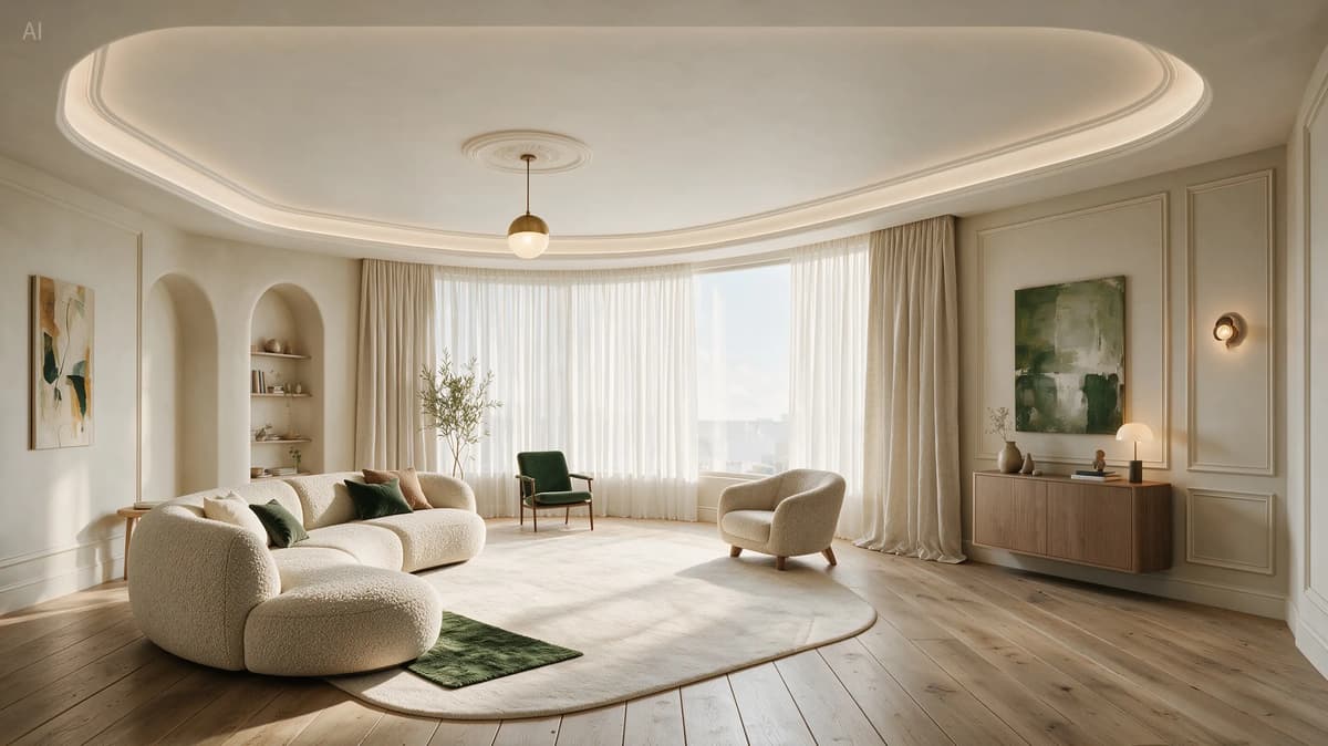Finished edit — chandelier, curtains, sofa fabric, flooring, wall light and coffee tables all changed exactly as annotated.