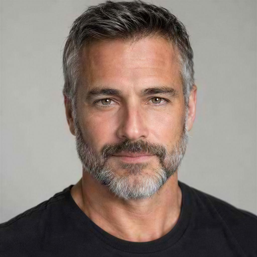 Image upscaling — a soft low-resolution portrait rebuilt at 4K, beard hairs and skin texture readable again