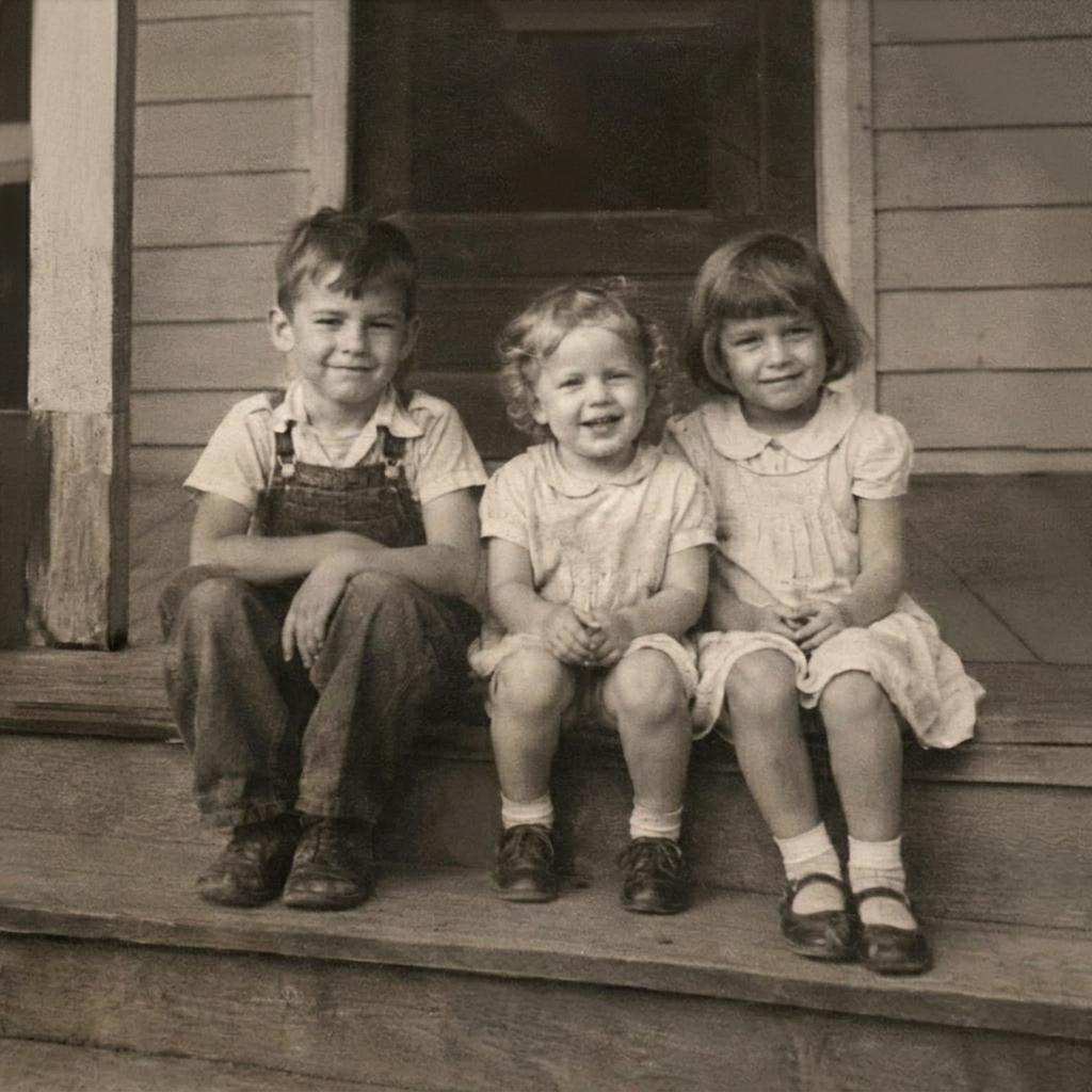 Photo restoration — a creased, faded print repaired, the fold through the frame gone and faces sharp again