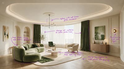 Annotated input — 6 purple boxes with handwritten instructions
