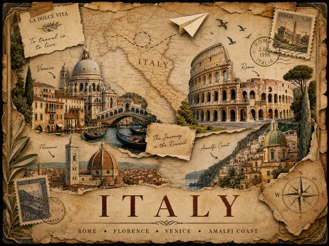Create a vintage-inspired travel poster in a layered 3D paper-cut collage style, designed like a worn traveler’s scrapbook page. Use torn parchment paper with sepia textures, realistic paper layers, soft drop shadows, and an antique map subtly visible beneath. Arrange iconic landmarks in a balanced composition with delicate handwritten labels and arrows, complemented by lush greenery, cobblestone streets, and charming local architecture. Add whimsical travel details such as a paper airplane with a dotted flight path, flying birds, vintage postage stamps, postal marks, and a compass rose. Finish with elegant serif typography featuring the destination name in large spaced letters and a smaller line listing notable cities below. The overall mood should feel nostalgic, handcrafted, richly detailed, timeless, and suitable for a premium vintage travel poster.