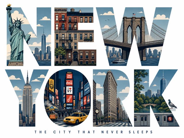 Clean, modern typographic travel poster in a 3:2 landscape format. The words "NEW YORK" — seven large, bold, uppercase geometric sans-serif letters set on a single line (or "NEW" stacked above "YORK" if better balanced) — span the full width and ARE the entire composition. Every illustrated element lives strictly INSIDE the letterforms, as if each letter is a window cut out of white paper revealing a scene; nothing spills outside the letter silhouettes. Outside the letters: pure, empty, flat white background — no objects, no cast shadows, no decoration.
— WHAT FILLS EACH LETTER (NYC-accurate, clipped to the letter shape) —
N : the Statue of Liberty — standing torch raised, following one vertical of the N.
E : stacked Manhattan brownstone facades with fire escapes nested in the three horizontal bars.
W : the Brooklyn Bridge — its two Gothic stone arches and suspension cables spanning the W's zig-zag, a small boat on the East River below.
Y : the Empire State Building — the Art-Deco spire cradled in the fork of the Y.
O : the ring frames Times Square — glowing billboards, a yellow taxi cab, a scramble of tiny pedestrians.
R : the Flatiron Building's distinctive triangular wedge silhouette inside the R.
K : Central Park greenery and the One World Trade Center spire slicing along the K's diagonals; a subway car along the base.
Small city details (a yellow cab, a hot-dog cart with faint steam, a pigeon, a subway roundel, drifting clouds) appear ONLY where they fit within a letter's interior. Keep full legibility of "NEW YORK".
— STYLE —
Elegant flat vector illustration, crisp geometric shapes, minimal detail, clean outlines, subtle shadows contained inside the letters only. Limited palette: deep navy, warm cream, muted red, soft gray-blue — a restrained warm-yellow accent used ONLY on the taxis / Times Square glow. Optional minimal tagline beneath in wide-spaced small capitals: "THE CITY THAT NEVER SLEEPS", thin and understated. Perfectly balanced centered composition.
premium flat vector, minimalist travel poster, geometric illustration, editorial tourism branding, clean typography, high contrast, ultra-sharp lines, museum-quality print, scalable SVG aesthetic, 8K.