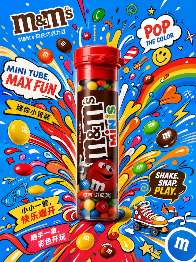 Create an ultra-vibrant commercial poster for M&M’s chocolate candies, featuring a highly realistic mini M&M’s tube package at the exact center as the absolute hero object. The image should combine one realistic product with an explosive hand-drawn illustrated background, creating a youthful, saturated, energetic, and extremely lively candy campaign poster.
Main composition:
Place one realistic mini M&M’s tube package exactly at the center of the image. The package should be a slim portable candy tube, compact and upright, with a rounded cap and a clean cylindrical body, clearly designed as a mini snack tube for M&M’s. It must feel highly realistic, glossy, tactile, and instantly recognizable, with vivid M&M’s logo, colorful branding, premium printed label wrap, sharp reflections, and strong commercial product rendering. The mini tube should be the only fully realistic object in the composition and must dominate the center.
Packaging direction:
The tube should feel playful, portable, collectible, and snackable, like a convenient mini candy tube sold at retail checkout counters. The cap can be bold red, yellow, blue, or white. The body should clearly show M&M’s identity and may include a transparent section revealing colorful candies inside, or a bright fully printed wrapper with bold brand graphics. The tube should feel modern, cute, and highly display-friendly.
Background concept:
Behind the mini tube, create an explosive illustrated universe that radiates outward like a burst of candy energy. The background should not be realistic. Instead, it should be a dense, dynamic, hand-drawn graphic world made of bold black outlines, candy splashes, bounce arcs, swirls, pop-art shapes, looping doodles, comic impact bursts, and rhythmic motion graphics. The illustration should erupt from behind the tube and wrap around it in a circular energetic explosion.
Illustrated elements:
Build the illustrated background from M&M’s-inspired candy energy:
flying colorful chocolate beans in red, yellow, blue, green, orange, and brown,
candy trails,
sugar splash shapes,
confetti,
comic impact bursts,
lightning bolts,
stars,
hearts,
bounce curves,
looping lines,
speech-bubble icons,
playful smiley doodles,
cheerful motion marks,
curved wave forms,
mini balloons,
striped speed lines,
roller-skate energy,
fun geometric symbols.
The illustrations should feel premium, bold, rhythmic, and highly art-directed, not messy childish scribbles.
Style contrast:
The mini tube must feel solid, glossy, realistic, and sharply rendered, while the illustrated universe behind it feels wild, colorful, playful, and explosive. This contrast between realism and hand-drawn candy chaos is the key visual hook. The product remains the visual anchor at all times.
Color palette:
Use a highly saturated M&M’s palette:
bright candy red,
electric blue,
sunny yellow,
vivid green,
orange,
chocolate brown,
clean white highlights,
and bold black line work.
Choose one strong dominant background field color such as vivid sky blue, rich yellow, or bright red, then let the multicolor candy illustration explode around the central mini tube.
Motion and energy:
The poster must feel like candy energy is bursting outward from the mini tube with bounce, swirl, pop, splash, spin, and playful impact. The overall mood should be dynamic, joyful, fast, pop, and impossible to ignore.
Typography:
Keep typography concise and energetic, placed cleanly without cluttering the composition. Use playful premium lettering, rounded and graphic, not ugly heavy black fonts.
Include text such as:
“M&M’s”
“MINI TUBE, MAX FUN”
“POP THE COLOR”
“SHAKE. SNAP. PLAY.”
Optional artistic Chinese text:
“M&M’s 玛氏巧克力豆”
“迷你小管装”
“小小一管,快乐爆开”
“随手一拿,彩色开玩”
Keep text short, bold, youthful, and balanced with the central tube and illustrated explosion.
Mood:
playful, saturated, dynamic, youthful, colorful, pop-art, joyful, energetic, collectible, premium, unforgettable.
Rendering:
hyper-detailed realistic mini candy tube p