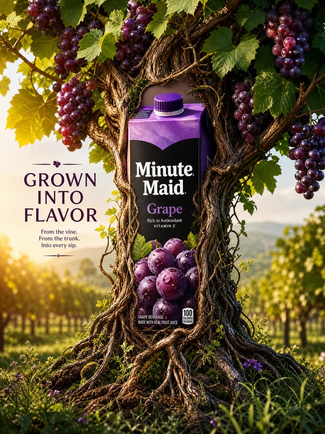 Create an ultra-premium advertising poster for Minute Maid, centered on a hyper-real grape-flavor Minute Maid juice package that appears physically fused with the trunk of a living grapevine tree, as if the product itself has grown directly from the plant. The image must feel fresh, natural, luminous, and commercially powerful, with a deep organic integration between the package and the tree structure. The final result should look like a flagship Minute Maid campaign where the drink is not placed in nature, but born from it.
Core concept:
The hero is a hyper-real grape-flavor Minute Maid carton or bottle standing upright in the center of a lush natural vineyard-garden environment. The key visual idea is that the packaging is not separate from the tree. It must look like it is part of the trunk itself, emerging from bark, roots, and vine wood as a living extension of the grape plant. The lower and side edges of the package should merge naturally into the trunk base, root system, and vine-wrapped bark, creating the impression that the product is a cultivated fruit-bearing life form. The message must feel immediate and visually unforgettable: Minute Maid grape juice is grown directly from living nature.
Composition:
Use a vertical premium poster layout with the Minute Maid product placed prominently in the lower-middle center, integrated into the core of a vine-covered tree or thick grapevine trunk. The tree must rise behind and around the package, with the bark, roots, and woody vine structure wrapping the product naturally. In the foreground, use grass, vineyard soil, small flowers, tendrils, and root extensions to anchor the fusion. Above and around the product, grapevine branches should carry clusters of ripe grapes and broad leaves, creating a natural canopy and flavor crown. The background should open into a soft vineyard or garden landscape with subtle depth and cinematic air.
Product realism:
Render the Minute Maid grape-flavor packaging with absolute realism and premium fidelity:
accurate carton or bottle structure,
clear Minute Maid branding,
precise cap details,
clean printed grape flavor identity,
subtle reflections,
realistic material texture,
and strong commercial sharpness.
The package must remain the most polished and readable object in the image, even while fused with the organic tree form.
Tree-package fusion:
The fusion between packaging and tree must be strong and unmistakable. The package should appear embedded in or emerging from the trunk, with bark textures, root structures, vine wood, and grape tendrils partially wrapping and blending around the lower edges and side planes. The transition must feel elegant and believable, not grotesque or random. The viewer should immediately understand that the product is part of the tree’s living structure.
Grape flavor fidelity:
Use only grapevine logic for the botanical system:
abundant grape clusters,
rich purple and deep red grapes,
healthy vine leaves,
tendrils,
woody vine branches,
and vineyard-like natural richness.
The grapes must feel ripe, juicy, sunlit, and luxurious. All visible fruit must clearly reinforce grape flavor identity.
Environment:
Create a clean cinematic vineyard-garden environment:
lush grass,
soft soil,
tiny flowers,
vine roots,
warm natural air,
distant vineyard greenery,
and subtle morning or late-afternoon light haze.
The setting should feel believable but idealized, clean yet abundant, premium rather than rustic-messy.
Background:
Use a luminous natural vineyard backdrop with soft sky opening, distant vine rows or orchard-like depth, warm haze, and elegant atmospheric layering. The background must remain soft enough to keep the package-tree fusion dominant.
Typography:
Use an elegant minimal English-led typography system.
Suggested text direction:
Main English title:
“GROWN INTO FLAVOR”
or
“ROOTED IN GRAPE”
Supporting English copy:
“From the vine. From the trunk. Into every sip.”
Typography should be minimal, clean, and premium, pl