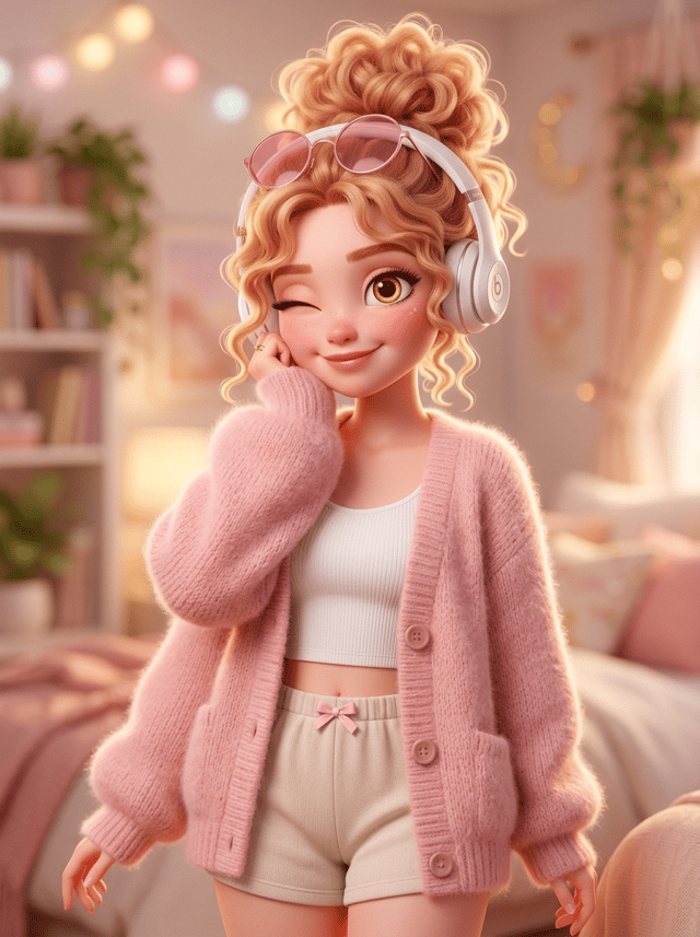 1.A cute, stylized 3D digital character of a young woman with soft fair skin and rosy cheeks, winking playfully at the camera. She has large expressive amber eyes with a golden ring, long eyelashes, and a small gentle smile. Her curly strawberry-blonde hair is styled in a fluffy high bun with loose strands, wearing white over-ear headphones and pastel pink sunglasses resting on her head. She is wearing a cozy oversized pink knitted cardigan, a fluffy cream crop top, and light beige lounge shorts with a small pink bow. The lighting is warm, soft and cinematic with a pastel bokeh background, dreamy atmosphere, shallow depth of field, ultra-detailed textures, soft global illumination, smooth skin shading, Pixar / Disney-style 3D render, ultra-high resolution, 4K, sharp focus, clean, vibrant, aesthetic, studio quality.
2. A cute stylized 3D cartoon girl character, waist-up portrait, soft fair skin with rosy cheeks, big expressive brown eyes, wearing round pink translucent glasses, smiling gently and looking slightly to the side. Curly light-brown hair tied in a fluffy messy bun with loose strands framing her face. Wearing large white over-ear headphones. Outfit: soft fuzzy pastel pink zip-up hoodie worn open, white sporty crop top underneath, peach-pink lounge pants. Slim youthful proportions, smooth soft shading. Warm pastel rainbow gradient background with soft bokeh glow. Dreamy lighting, soft rim light, shallow depth of field. Ultra detailed textures, high quality Pixar / Disney style 3D render, cinematic lighting, ultra HD, 4K, sharp focus, clean, aesthetic.