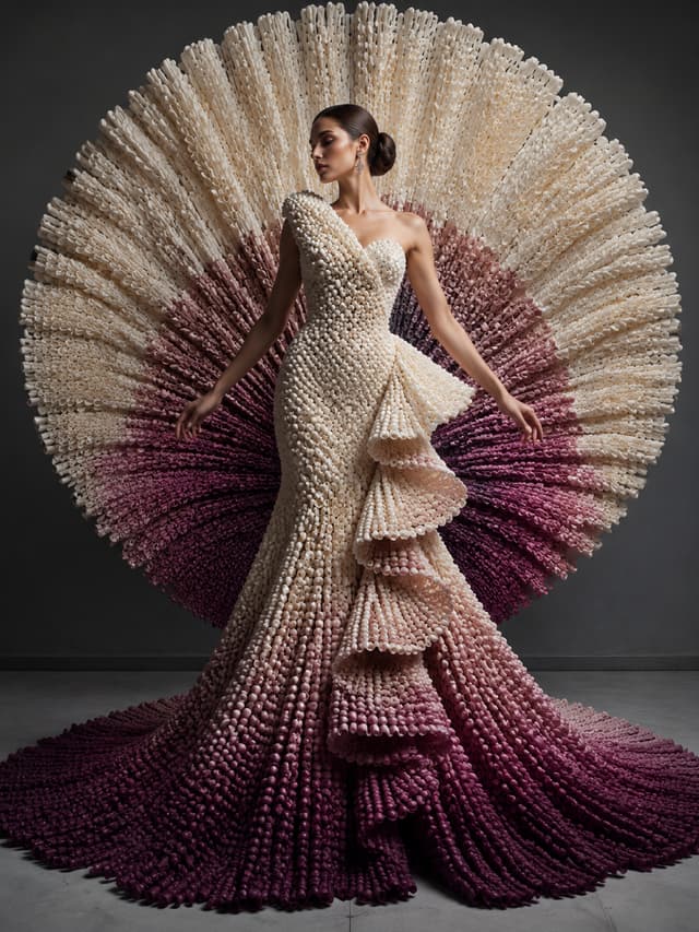 Universal Plug-in Prompt 

A full-body high-fashion editorial studio photograph of a female model wearing an avant-garde couture gown constructed entirely from [PRIMARY MATERIAL]. The gown features [SILHOUETTE], enhanced with [STRUCTURAL DESIGN], showcasing intricate craftsmanship and dramatic sculptural volume.

Behind the model stands an oversized [BACKGROUND INSTALLATION], designed using [BACKGROUND MATERIAL], visually echoing the gown while creating a cohesive artistic composition.

The color palette transitions from [COLOR A] through [COLOR B] into [COLOR C], maintaining smooth gradients and harmonious visual balance.

The model is captured from [CAMERA ANGLE] in [POSE], with [HAIRSTYLE], expressing elegance, confidence, and refined artistic presence.

Professional luxury fashion photography. Museum-quality couture. Sharp editorial styling. Exceptional material realism. Highly detailed textures. Crisp edges. Dramatic dimensional depth. Sculptural lighting tailored to emphasize every fold, bead, petal, pleat, or layered surface.

Minimalist premium studio environment featuring [BACKGROUND COLOR], [FLOOR TYPE], and cinematic composition. Balanced negative space. High contrast with soft shadow transitions. Ultra-clean luxury aesthetic.

Cheat Sheet
[PRIMARY MATERIAL] → Beads, pom-poms, paper flowers, feathers, shells, glass, ribbons
[SILHOUETTE] → Ball gown, trumpet, cape, circular skirt, cathedral train
[STRUCTURAL DESIGN] → Pleats, layered ruffles, radial folds, halos, geometric panels
[BACKGROUND INSTALLATION] → Giant fan, flower wall, halo, sun, wings, sculpture
[BACKGROUND MATERIAL] → Paper flowers, beads, fabric folds, petals, metallic elements
[COLOR A/B/C] → Main gradient or palette
[CAMERA ANGLE] → Front, side, back, three-quarter, profile
[POSE] → Arms extended, holding fan, walking, profile stance, graceful turn
[HAIRSTYLE] → Bun, low bun, ponytail, loose waves, braided updo
[BACKGROUND COLOR] → Charcoal, ivory, grey, black, cream
[FLOOR TYPE] → Studio floor, wood planks, textured concrete, seamless backdrop