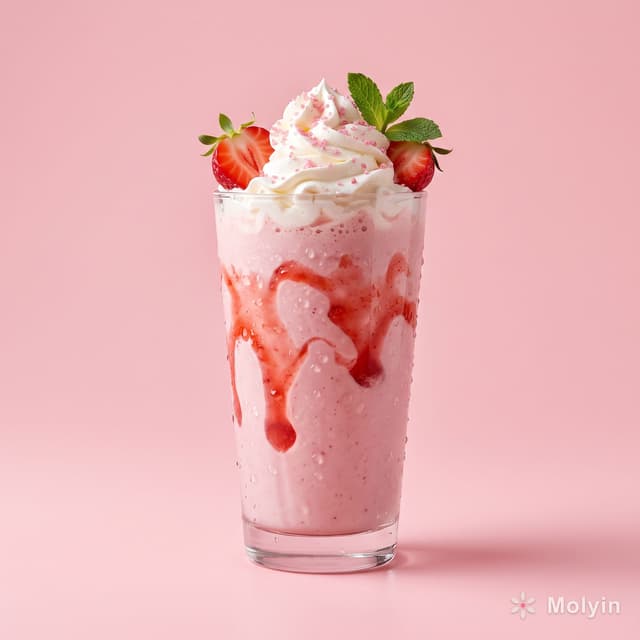 A high-quality professional product photograph of a premium strawberry milkshake served in a tall transparent glass, centered against a soft pastel pink seamless studio background. The milkshake has a thick creamy strawberry texture, glossy strawberry syrup dripping inside the glass, a generous swirl of whipped cream on top, fresh strawberry slices, and delicate pink sugar sprinkles. Realistic condensation droplets cover the glass with soft reflections from the studio lights. Elegant soft lighting creates subtle natural shadows beneath the glass. Ultra-sharp focus, DSLR macro beverage photography, premium café advertisement style, hyper realistic, clean commercial composition, 8K.
Aspect Ratio: 1:1