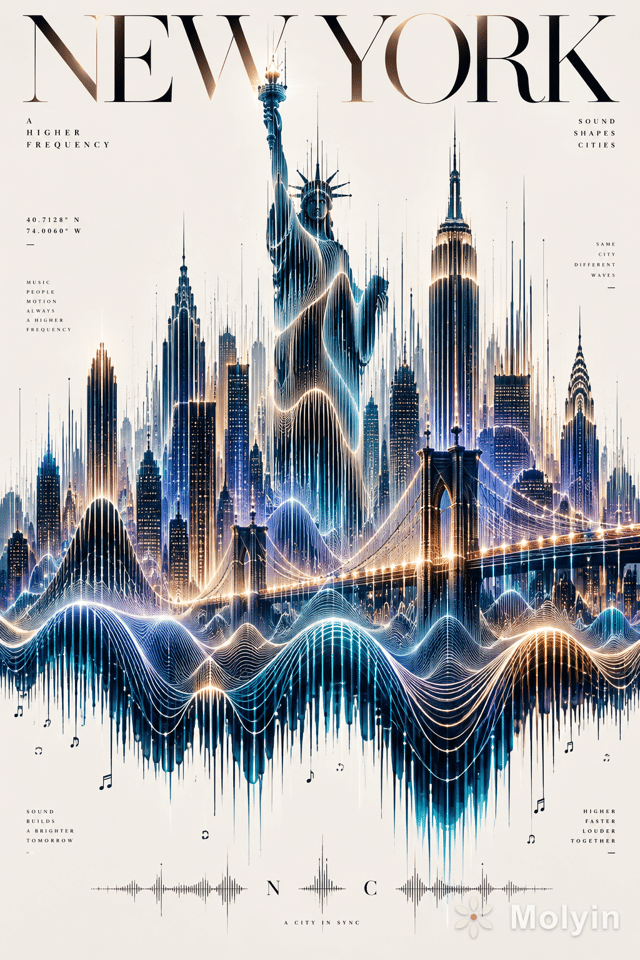 A surreal high-fashion editorial artwork where [CITY/LANDMARK] is formed entirely from flowing sound waves, audio frequencies, and rhythmic lines. The soundwaves begin as tiny vibrations at the bottom of the composition and gradually transform into the recognizable architecture of [CITY/LANDMARK].
Different frequencies become different visual elements — thick bass waves create buildings, delicate high-frequency lines create windows and bridges, glowing pulses become streetlights and moving vehicles. Tiny fragments of typography, coordinates, music notes, and abstract symbols float through the waves.
Clean pale background, intense electric colors mixed with subtle metallic textures, dramatic depth, ultra-fine linework, futuristic editorial art, controlled chaos, sophisticated composition, no people, no ordinary skyline illustration, the architecture itself must visibly emerge from the soundwave pattern, striking and instantly recognizable, premium magazine cover aesthetic.