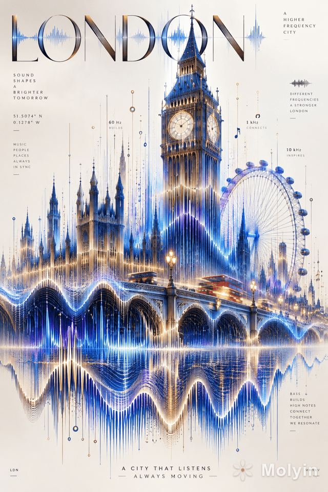 A surreal high-fashion editorial artwork where [CITY/LANDMARK] is formed entirely from flowing sound waves, audio frequencies, and rhythmic lines. The soundwaves begin as tiny vibrations at the bottom of the composition and gradually transform into the recognizable architecture of [CITY/LANDMARK].
Different frequencies become different visual elements — thick bass waves create buildings, delicate high-frequency lines create windows and bridges, glowing pulses become streetlights and moving vehicles. Tiny fragments of typography, coordinates, music notes, and abstract symbols float through the waves.
Clean pale background, intense electric colors mixed with subtle metallic textures, dramatic depth, ultra-fine linework, futuristic editorial art, controlled chaos, sophisticated composition, no people, no ordinary skyline illustration, the architecture itself must visibly emerge from the soundwave pattern, striking and instantly recognizable, premium magazine cover aesthetic.