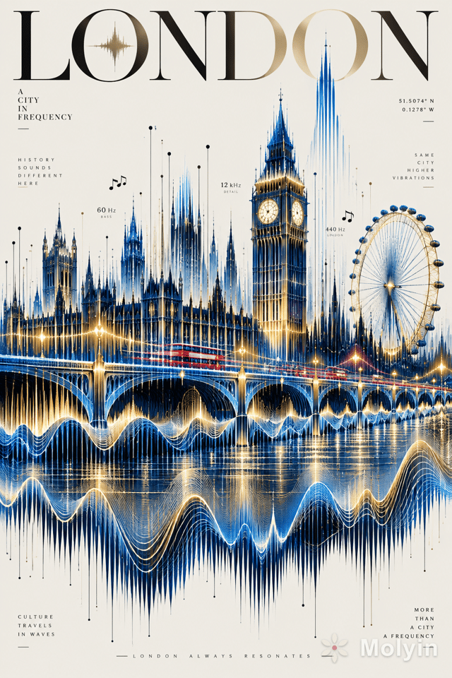 A surreal high-fashion editorial artwork where [CITY/LANDMARK] is formed entirely from flowing sound waves, audio frequencies, and rhythmic lines. The soundwaves begin as tiny vibrations at the bottom of the composition and gradually transform into the recognizable architecture of [CITY/LANDMARK].
Different frequencies become different visual elements — thick bass waves create buildings, delicate high-frequency lines create windows and bridges, glowing pulses become streetlights and moving vehicles. Tiny fragments of typography, coordinates, music notes, and abstract symbols float through the waves.
Clean pale background, intense electric colors mixed with subtle metallic textures, dramatic depth, ultra-fine linework, futuristic editorial art, controlled chaos, sophisticated composition, no people, no ordinary skyline illustration, the architecture itself must visibly emerge from the soundwave pattern, striking and instantly recognizable, premium magazine cover aesthetic.