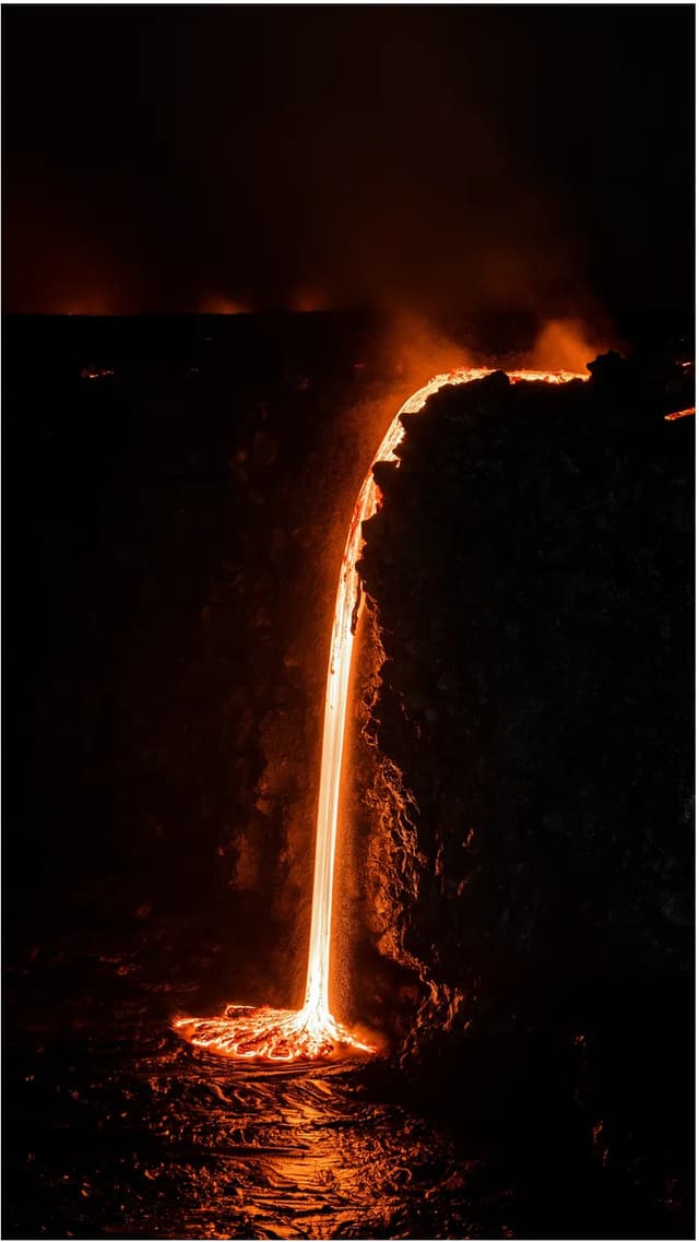 FLUX 3 example — lava waterfall pouring into the sea at night
