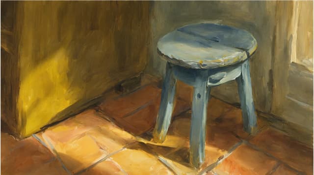 FLUX 3 example — oil painting of a stool in a sunlit room