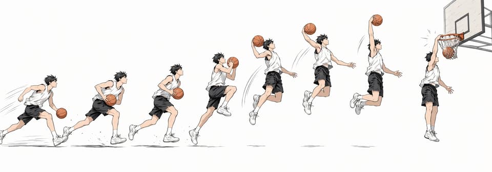 GPT Image 2 official sample — manga-style frame-by-frame basketball dunk motion breakdown in 3:1 ultrawide