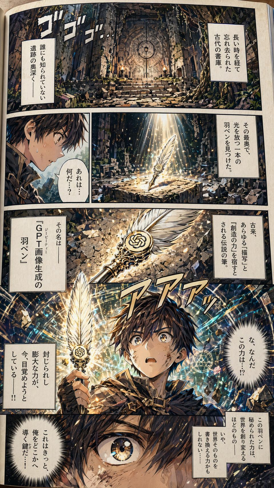 GPT Image 2 official sample — colorized Japanese shonen manga page with coherent Japanese lettering and dramatic panels