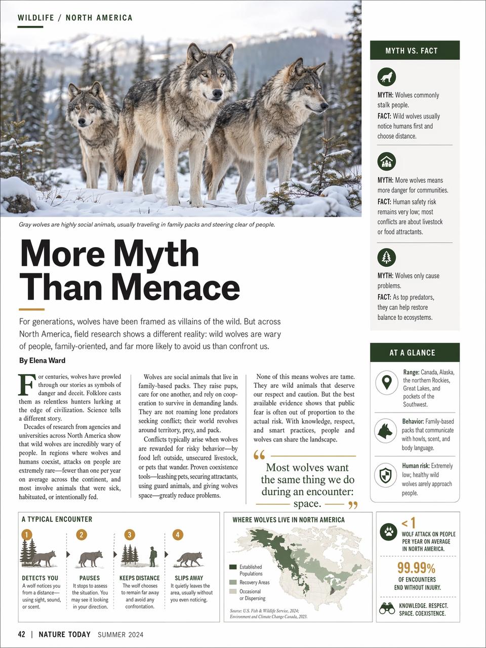 GPT Image 2 official sample — glossy science magazine page about North American wolves with dense legible editorial text