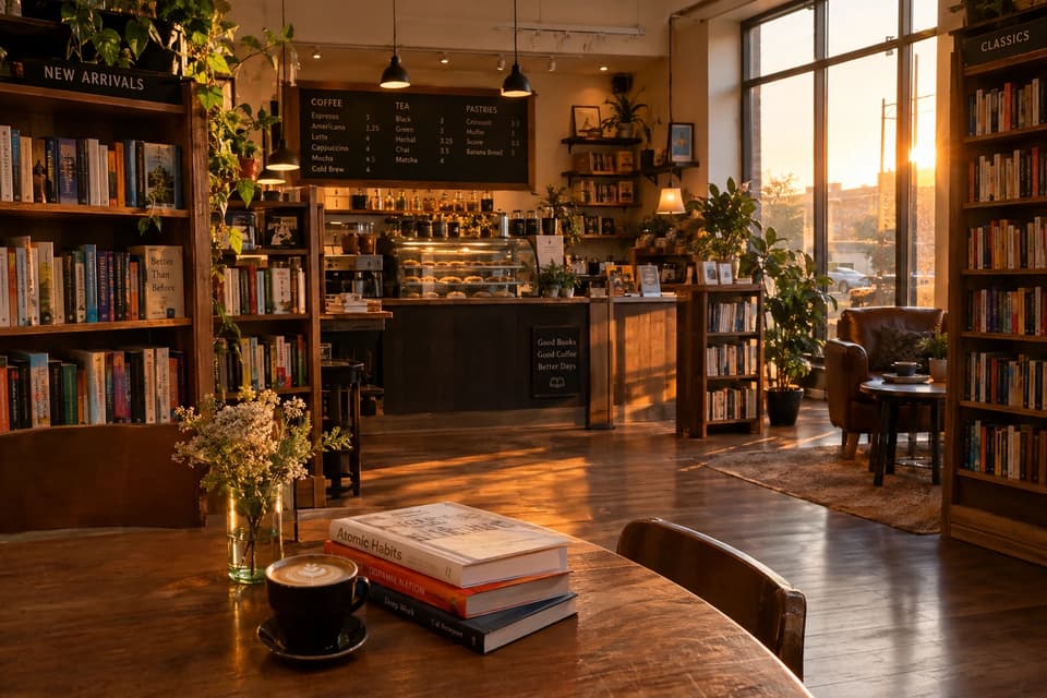 GPT Image 2.5 Flare sample — photorealistic cozy bookstore cafe interior at golden hour with sunlit shelves, a latte and a legible chalkboard menu