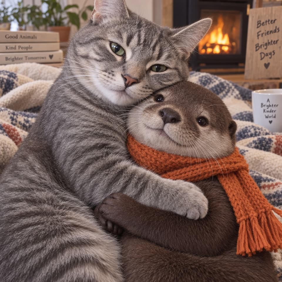 GPT Image 2.5 Sunburst sample — illustrated gray tabby cat hugging an otter wearing an orange scarf