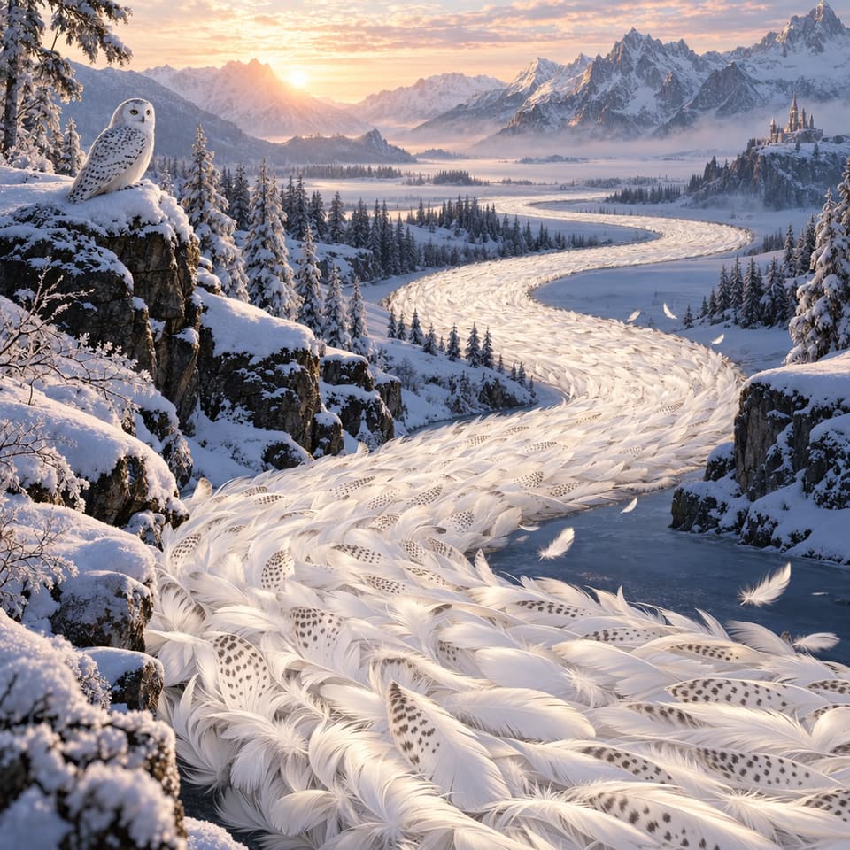 GPT Image 2.5 Sunburst sample — a river made of white owl feathers winding through a serene snow-covered winter landscape