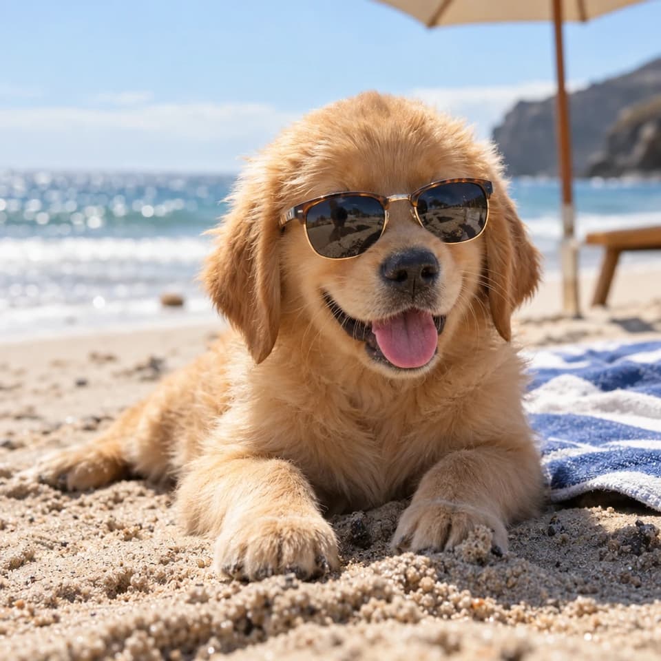 GPT Image 2.5 Sunburst sample — golden retriever puppy in tiny tortoiseshell sunglasses on a sunny beach, shallow depth of field