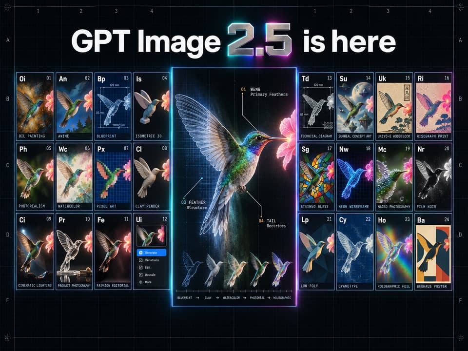 GPT Image 2.5 Sunburst sample — 'GPT Image 2.5 is here' hero infographic: a periodic table of 24 visual styles, each tile the same hummingbird with legible micro-labels