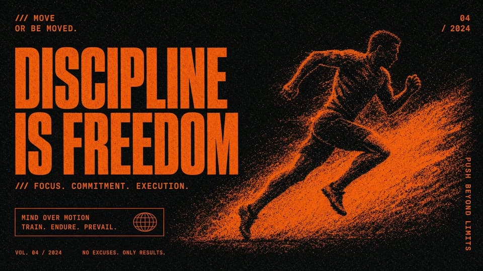 Grok Imagine 2.0 official sample — orange-on-black motivational poster with condensed typography and a stippled sprinter