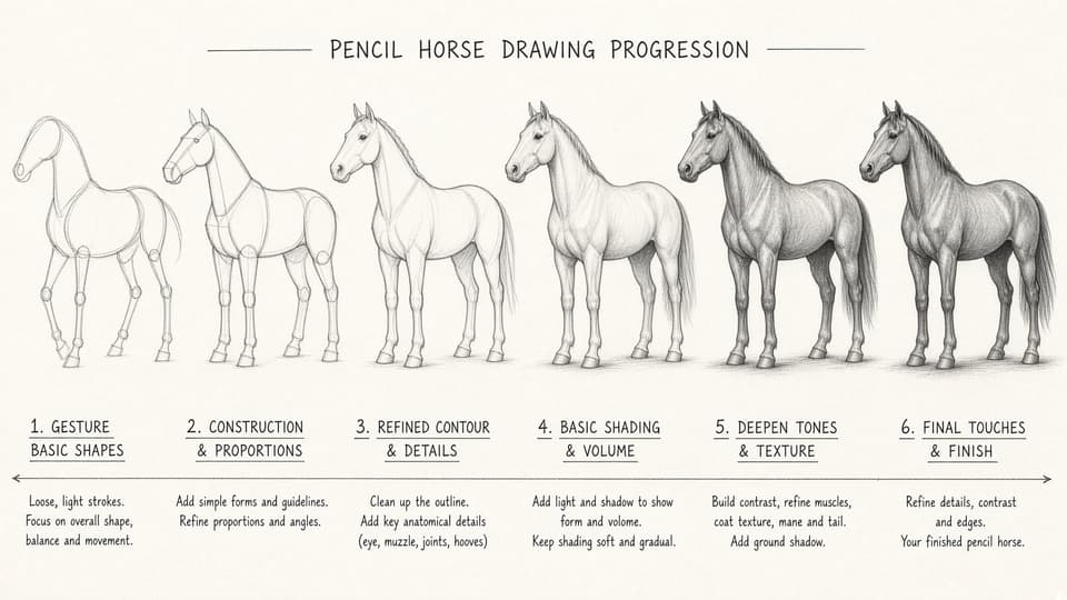 Grok Imagine 2.0 official sample — pencil horse drawing progression chart in six labeled stages