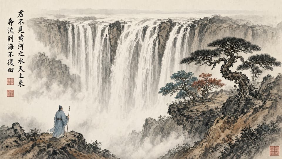Grok Imagine 2.0 official sample — Chinese ink wash waterfall with vertical calligraphy and red seal stamps