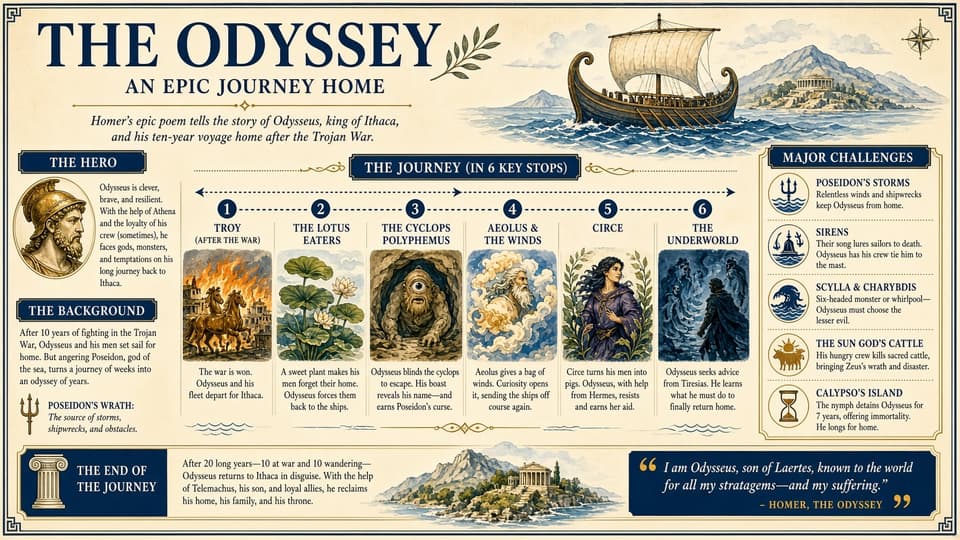 Grok Imagine 2.0 official sample — vintage Odyssey infographic with six illustrated journey stops and dense legible captions