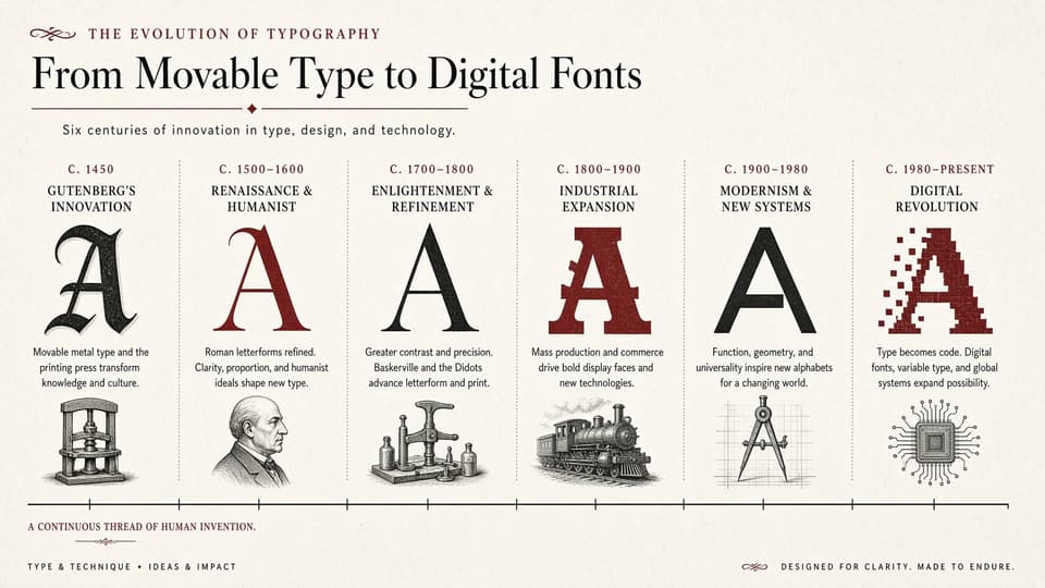 Grok Imagine 2.0 official sample — six-century typography evolution infographic from movable type to digital fonts