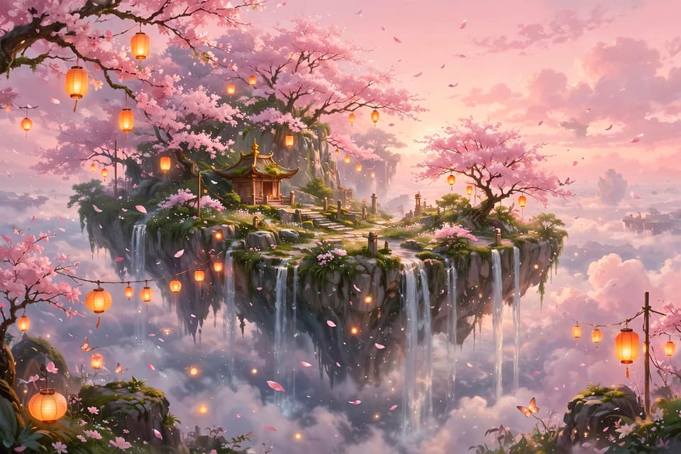 Muse Image example — floating island with cherry blossoms, waterfalls and glowing lanterns in a soft pink sky