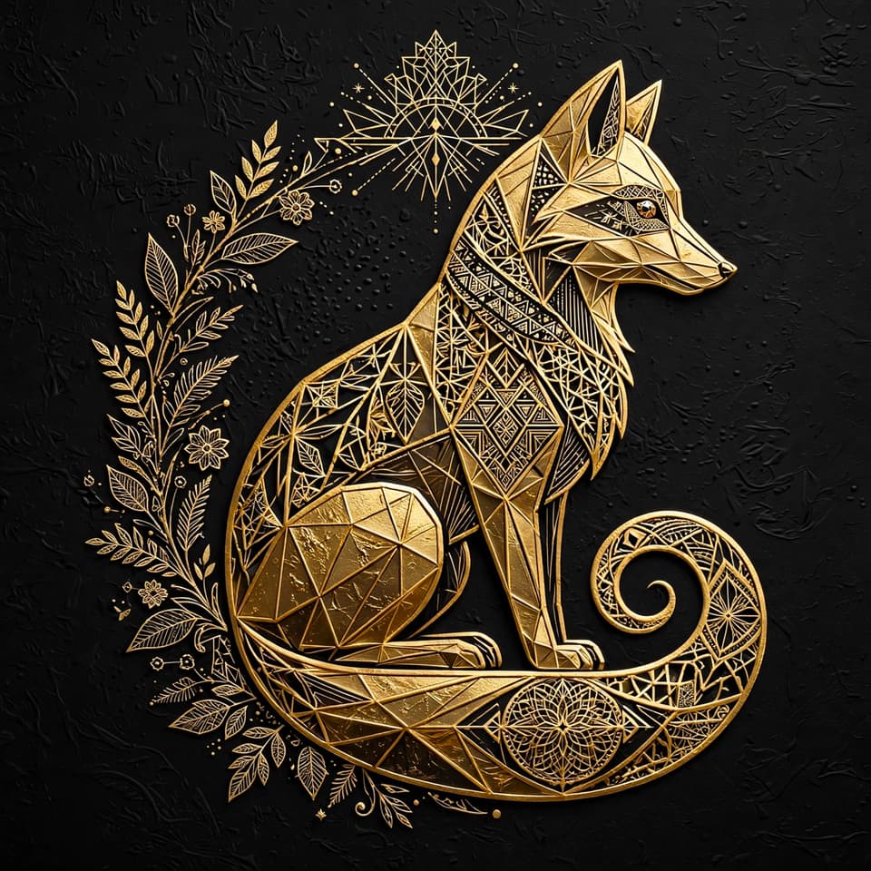 Muse Image example — elaborate gold foil fox logo in luxury vector style with geometric linework on black