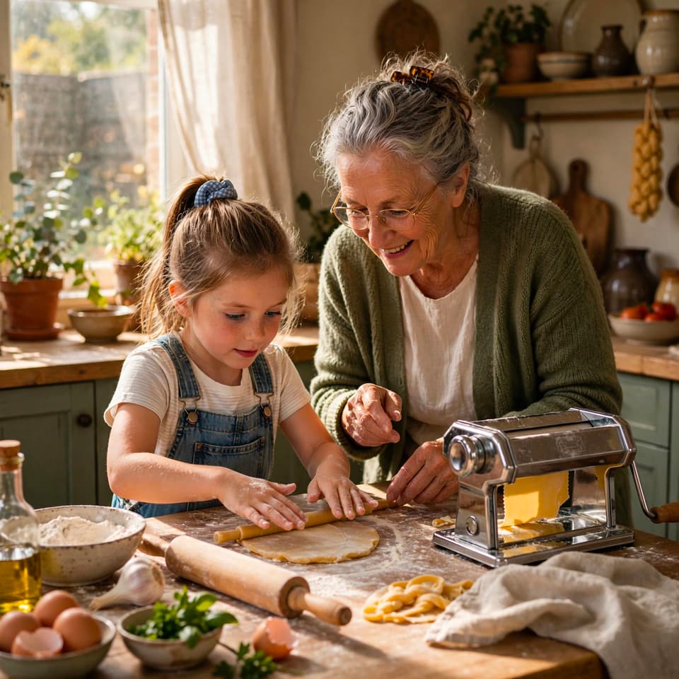 Muse Image example — candid photo of a grandmother teaching her granddaughter to make pasta in a sunlit kitchen