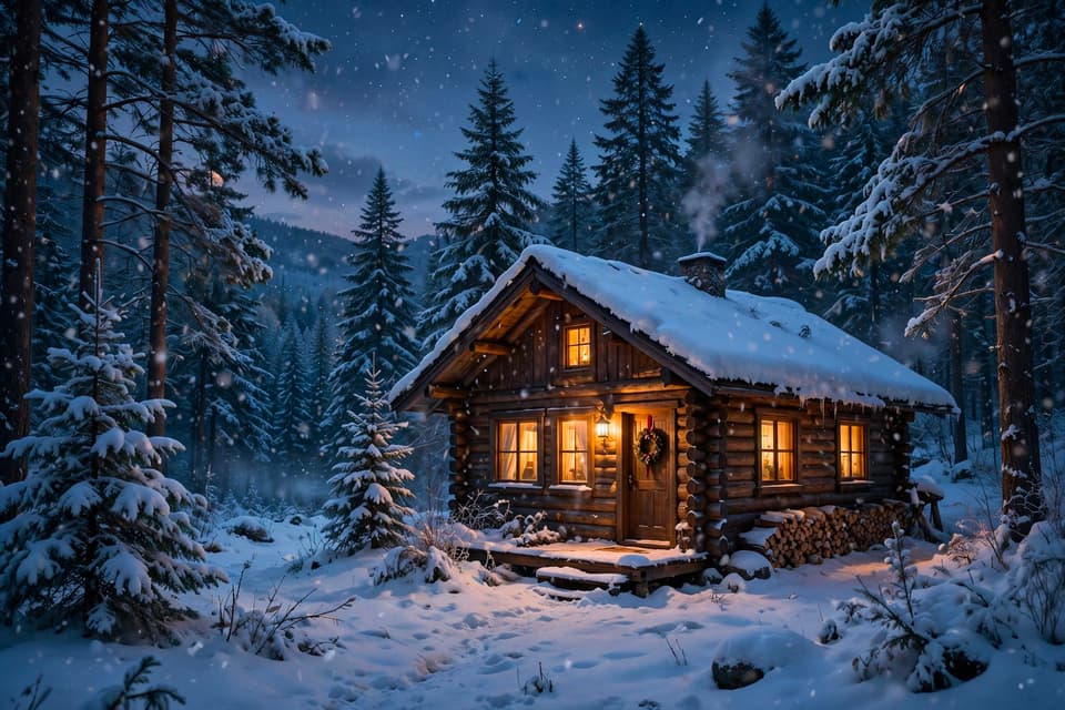 Muse Image example — cozy log cabin in a snowy twilight forest with warm window light and starry sky