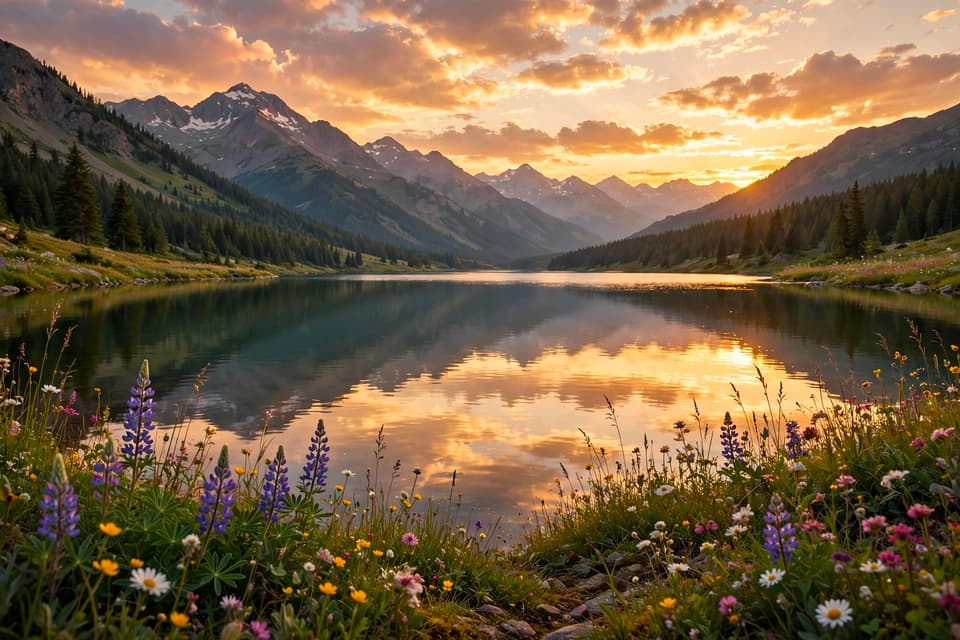 Muse Image example — photorealistic sunset over a calm mountain lake with wildflowers in golden light