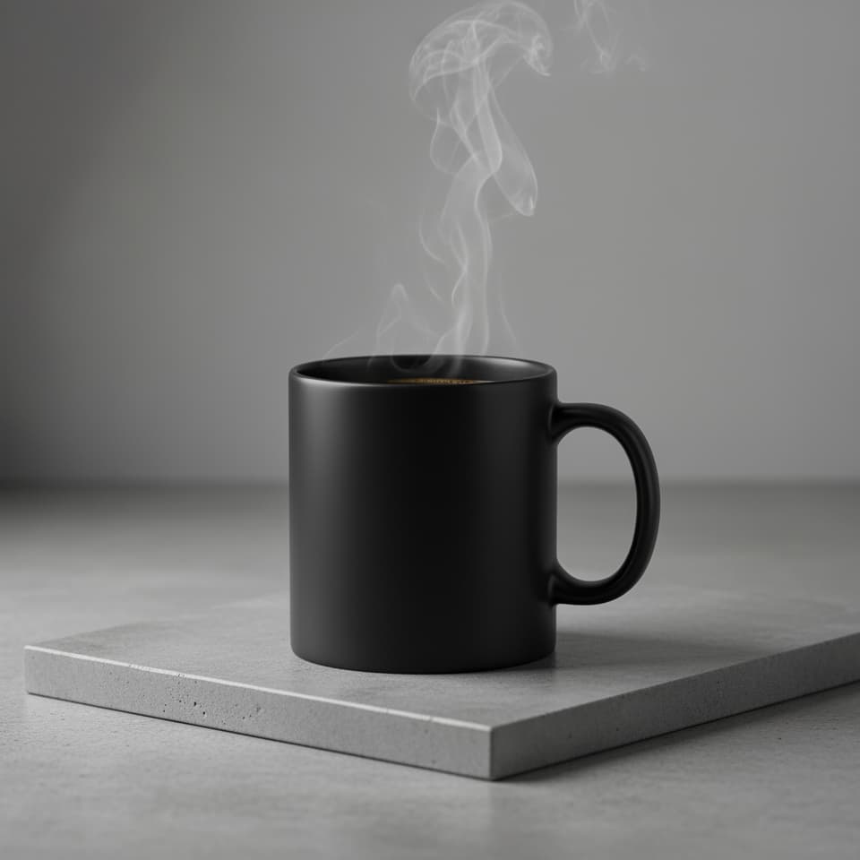 Nano Banana 2 official sample — studio-lit product photograph of a matte black ceramic coffee mug with rising steam on polished concrete
