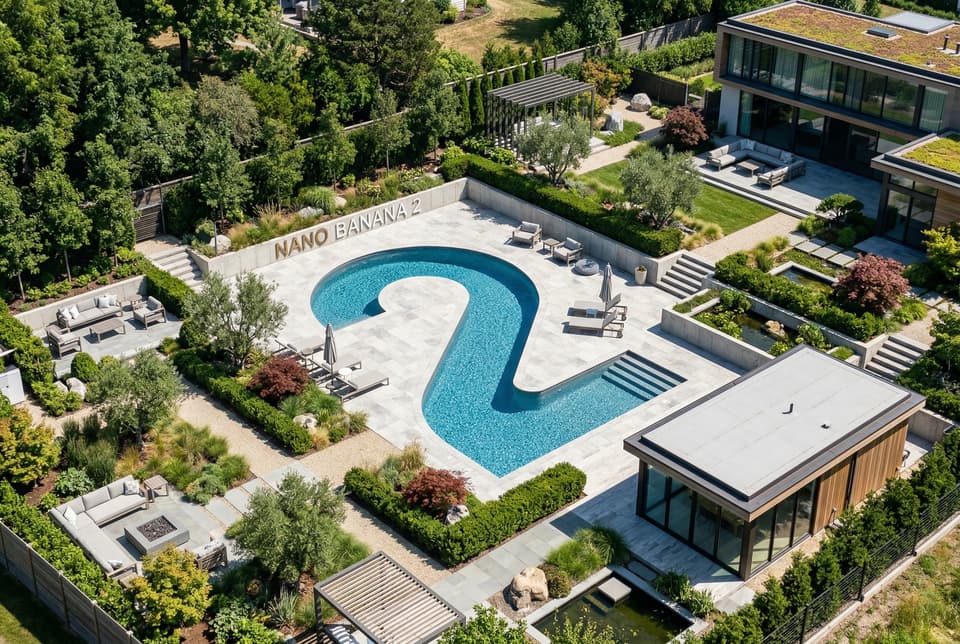 Nano Banana 2 official sample — perfectly isometric photo of a modern garden with a 2-shaped pool and 'Nano Banana 2' lettering