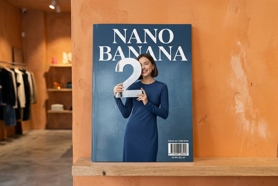 Nano Banana 2 official sample — glossy magazine cover with bold Nano Banana serif title and a model playfully holding the number 2, crisp photoreal typography