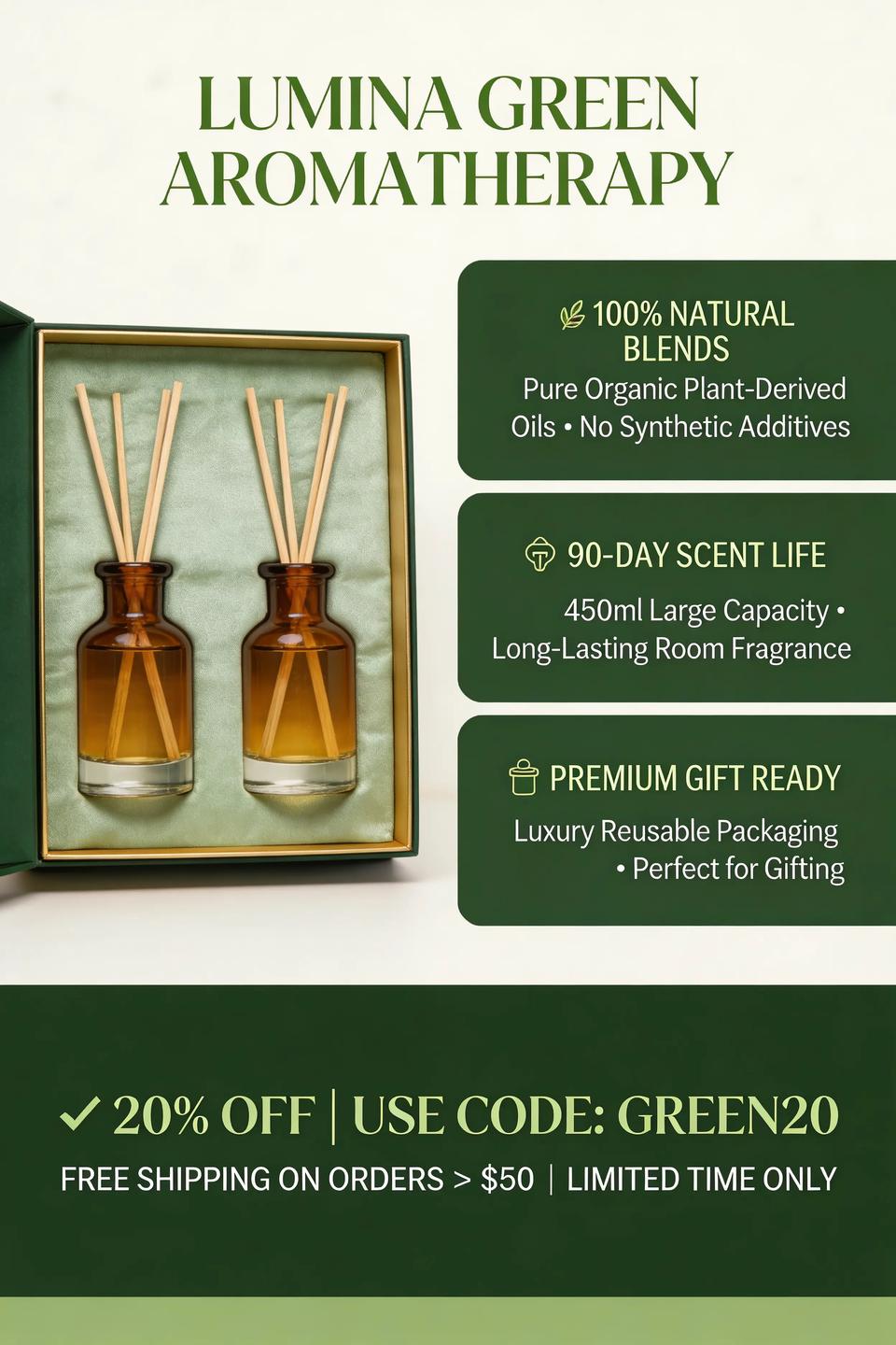 Seedream 5.0 Lite official sample — premium aromatherapy e-commerce product detail page with selling points and promo banner