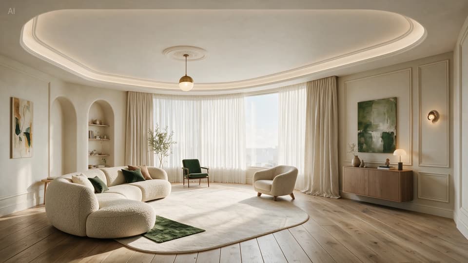 AI image editor example — edit result of a living room re-rendered from six handwritten annotations on the source photo: chandelier, curtains, sofa fabric, flooring, wall light and coffee tables changed exactly as marked