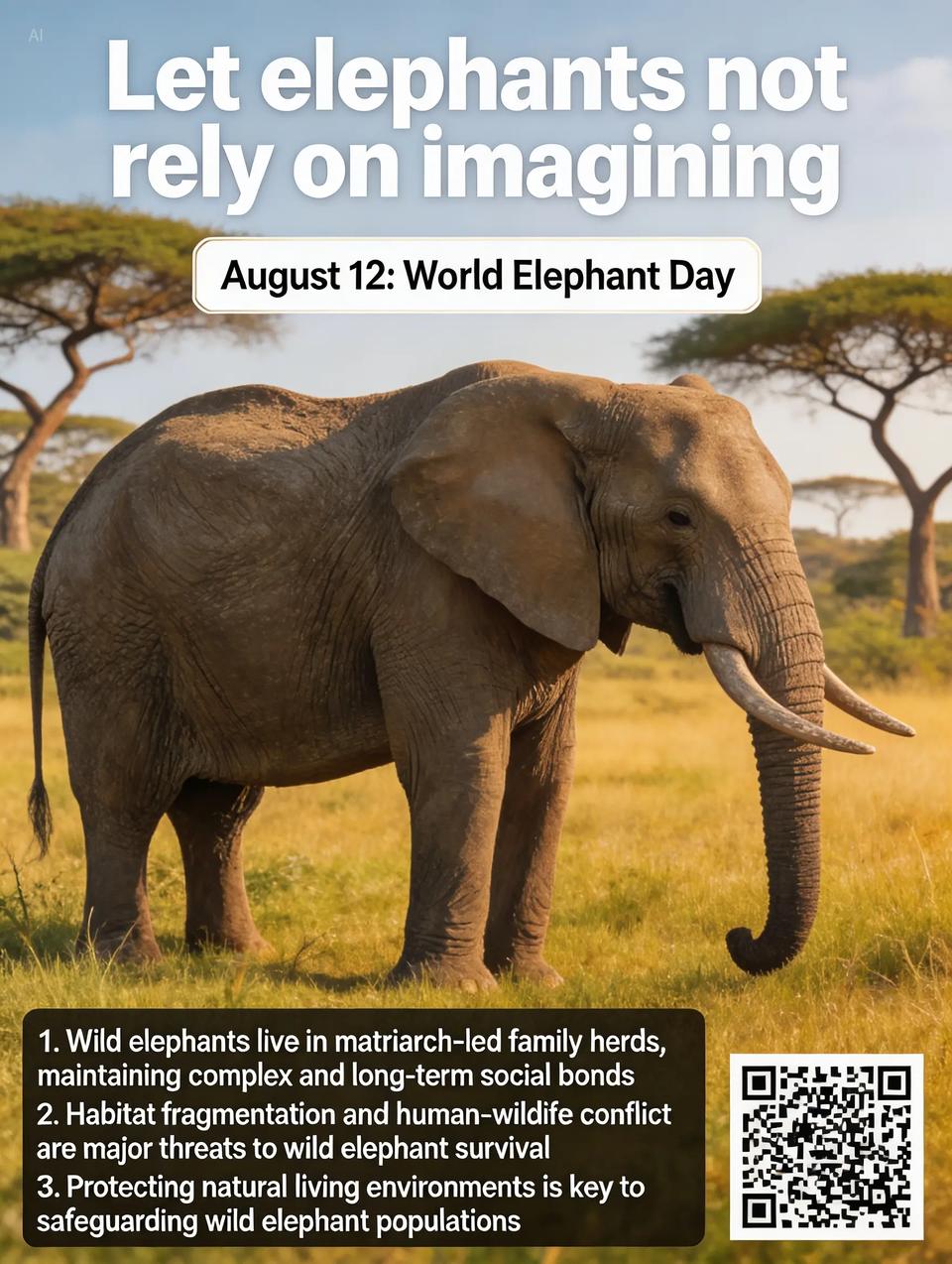 Seedream 5.0 Lite official sample — World Elephant Day science poster with headline, framed date box, educational text and QR code