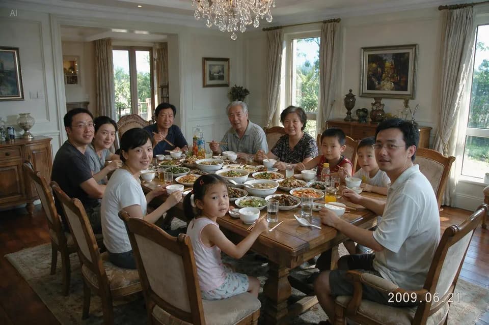 Seedream 5.0 Pro official sample — photorealistic family of 11 at dinner in a villa with a 2009.06.21 timestamp, authentic snapshot realism