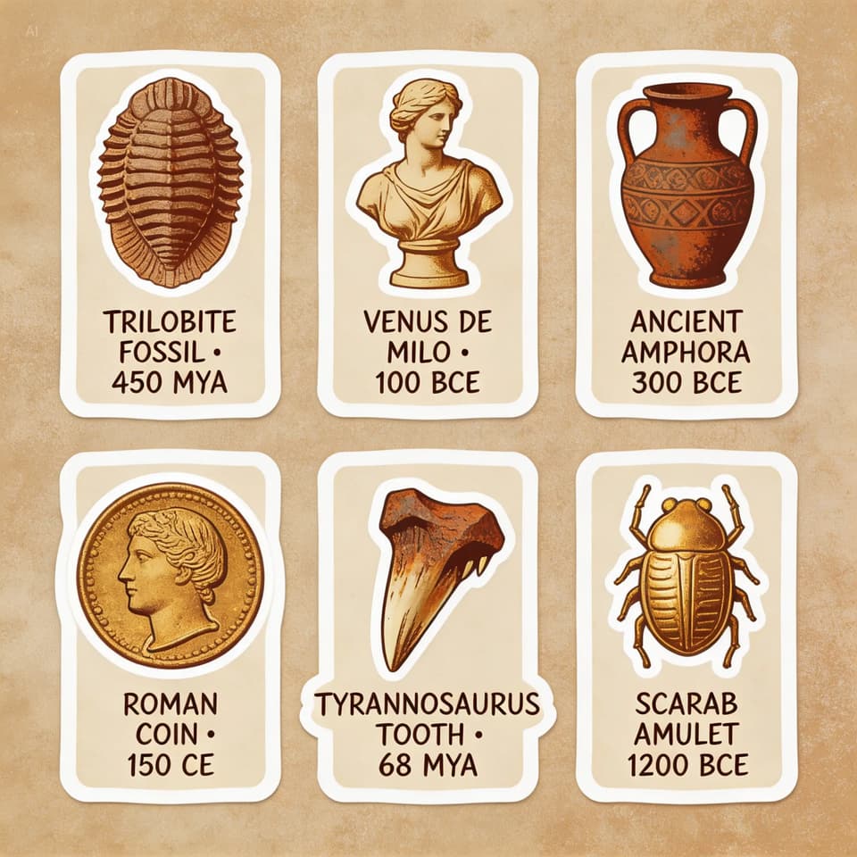 Seedream 5.0 Lite official sample — vintage museum handbook sticker sheet with labeled artifacts, fossils and sculptures