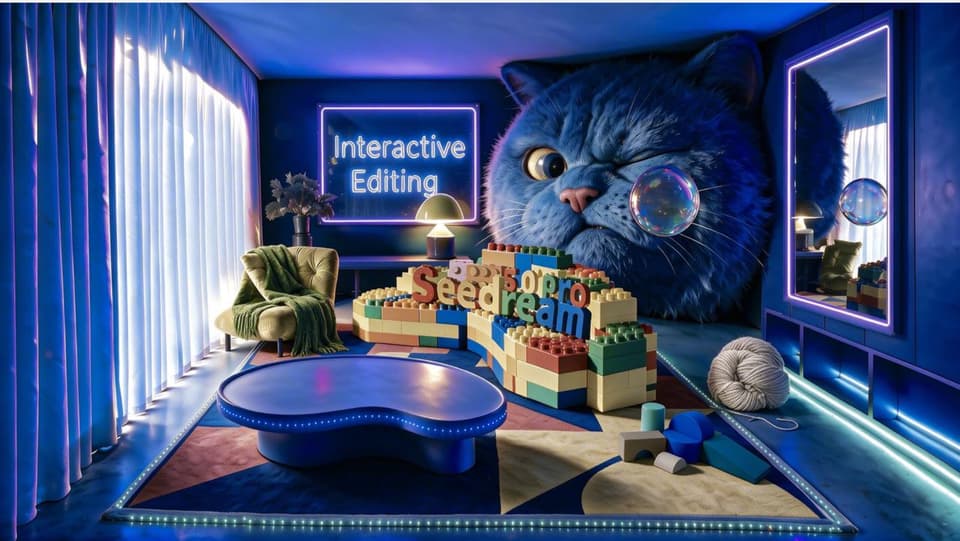 Seedream 5.0 Pro official sample — surreal neon-lit lounge with 'Seedream 5.0 Pro' spelled in 3D building blocks and a giant blue cat, cinematic 16:9 render