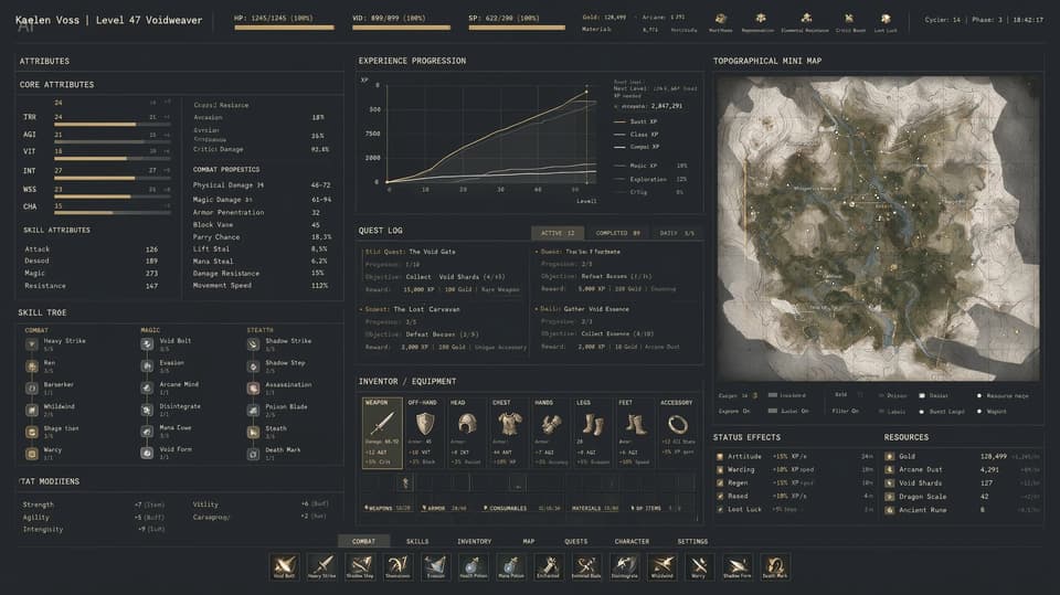Seedream 5.0 Pro official sample — information-dense RPG character interface with stats columns, experience graphs and a topographic mini-map, crisp monospaced text