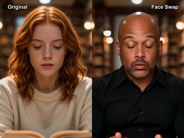 Pon la cara de una foto sobre la persona de cualquier clip — expresión, luz y movimiento incluidos.