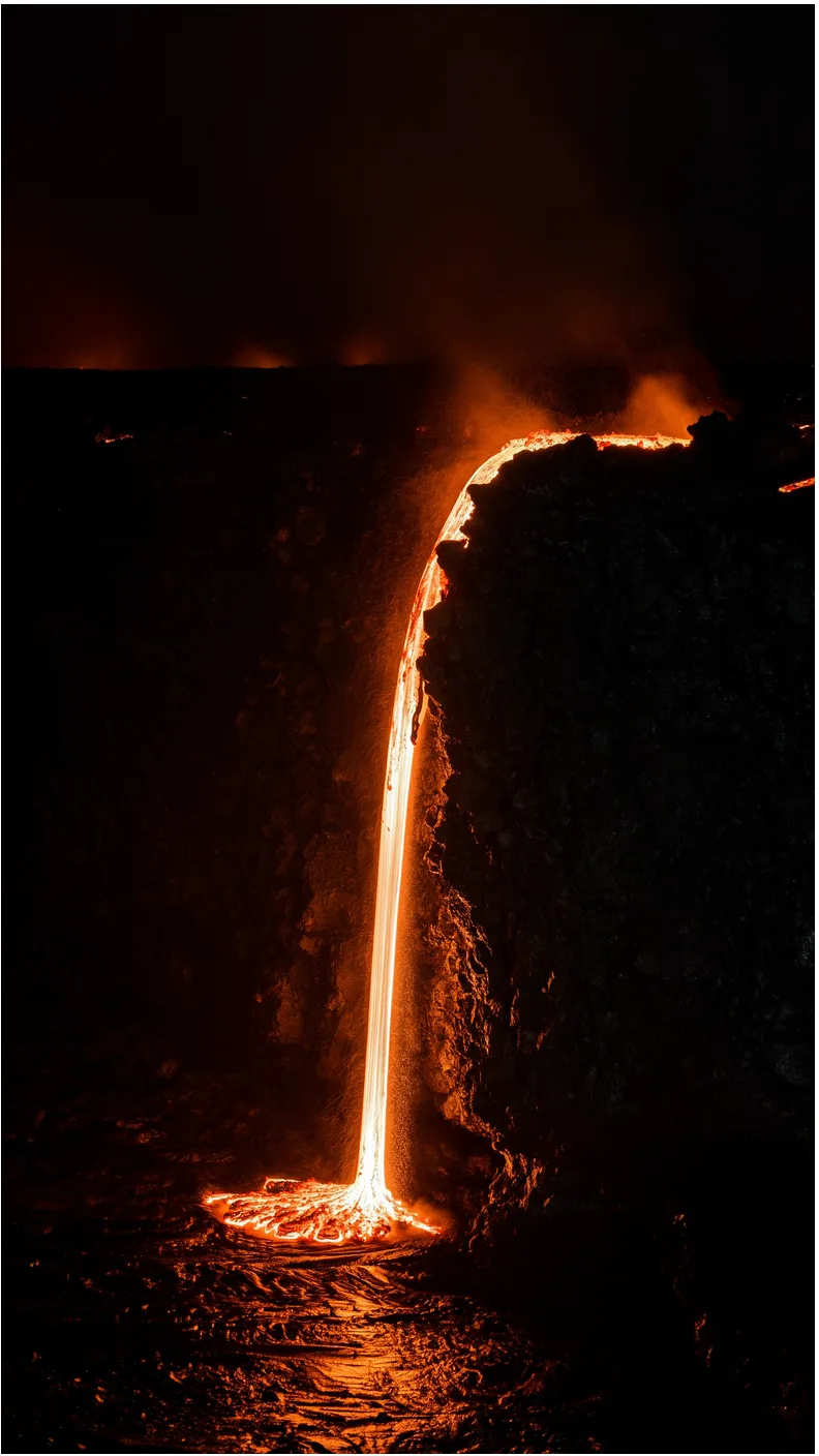 FLUX 3 example — lava waterfall pouring into the sea at night